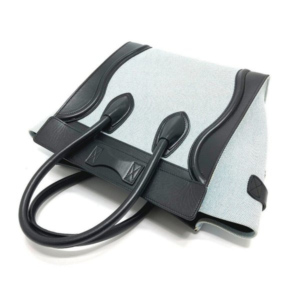 AUTHENTIC CELINE 167792 Luggage micro Shopper Hand Bag Leather/Canvas Blue x Bla - Picture 4 of 6